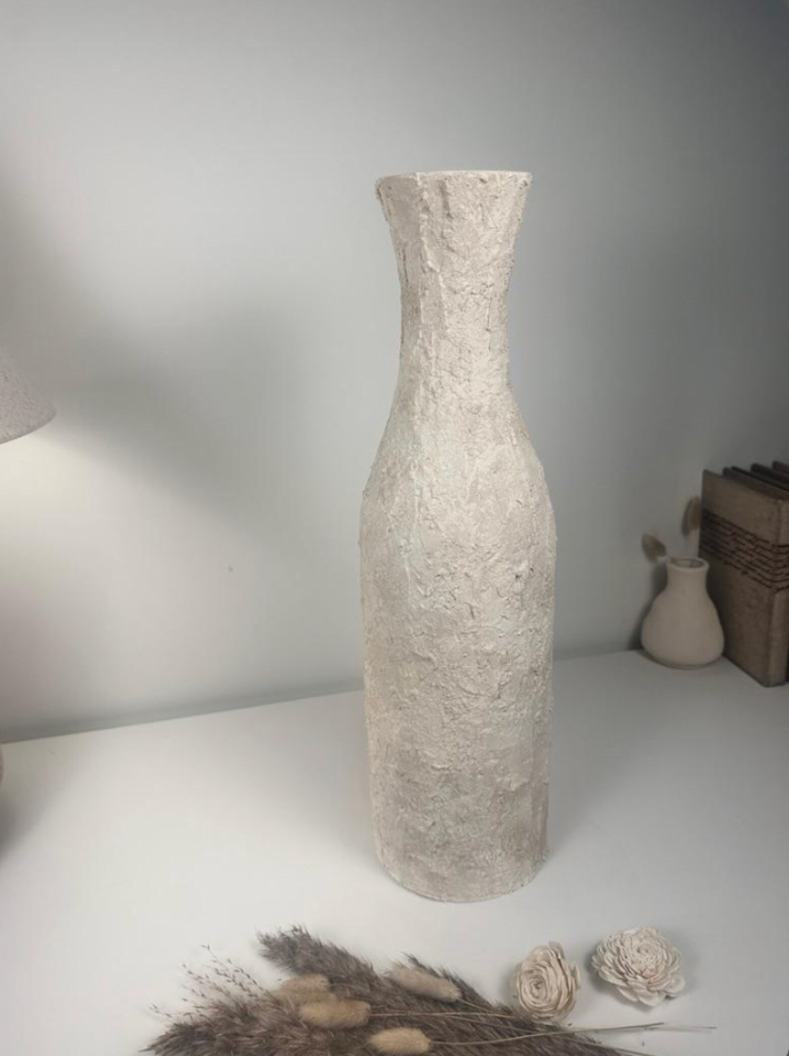 Minimalist Art Piece Floor Vase 19.5" tall Textured Hand-painted Metal/Ceramic  - Off White
