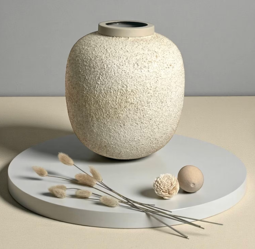 Minimalist Vase textured round 12“ tall beige