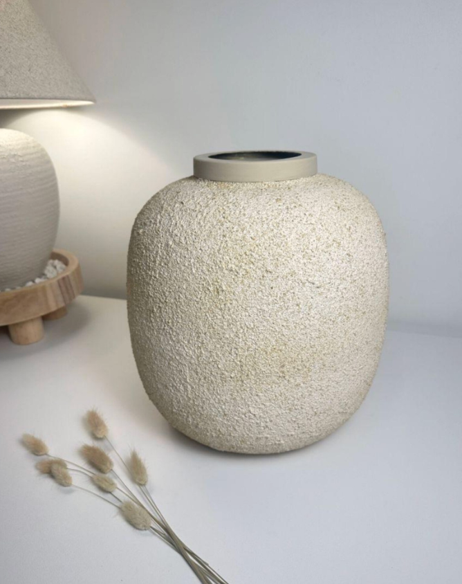 Minimalist Vase textured round 12“ tall beige