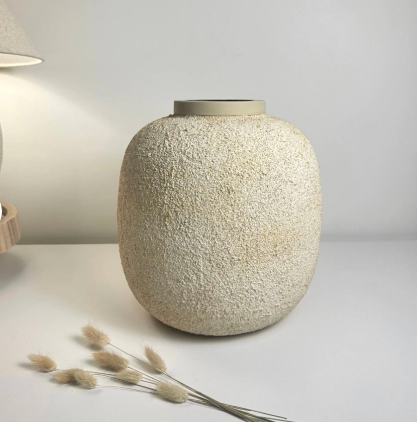 Minimalist Vase textured round 12“ tall beige