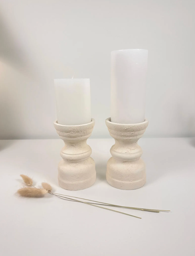 Set of 2 Candle Holders Minimalist Style Hand-Painted and Textured Wood 6" tall each