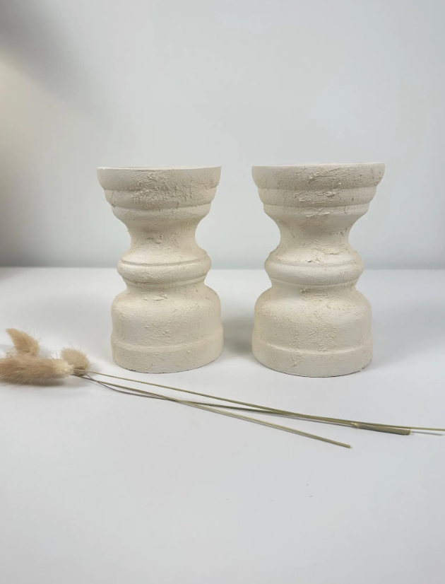 Set of 2 Candle Holders Minimalist Style Hand-Painted and Textured Wood 6" tall each