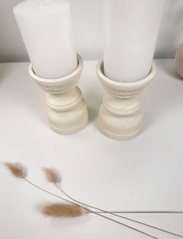 Set of 2 Candle Holders Minimalist Style Hand-Painted and Textured Wood 6" tall each