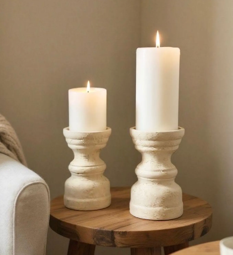 Set of 2 Candle Holders Minimalist Style Hand-Painted and Textured Wood 6" tall each