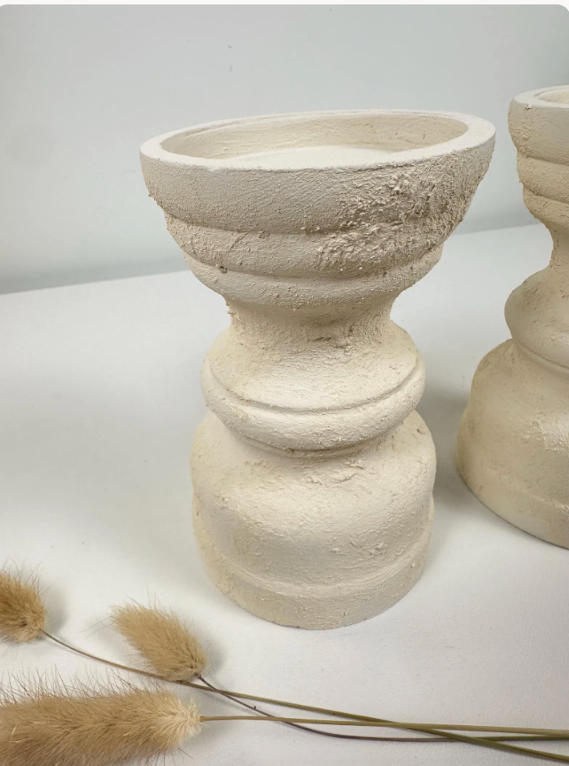 Set of 2 Candle Holders Minimalist Style Hand-Painted and Textured Wood 6" tall each