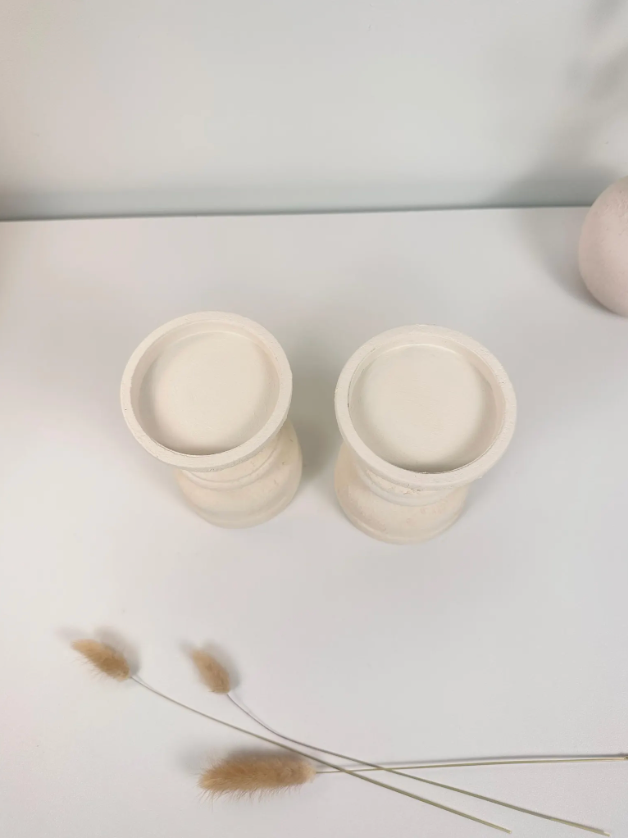 Set of 2 Candle Holders Minimalist Style Hand-Painted and Textured Wood 6" tall each