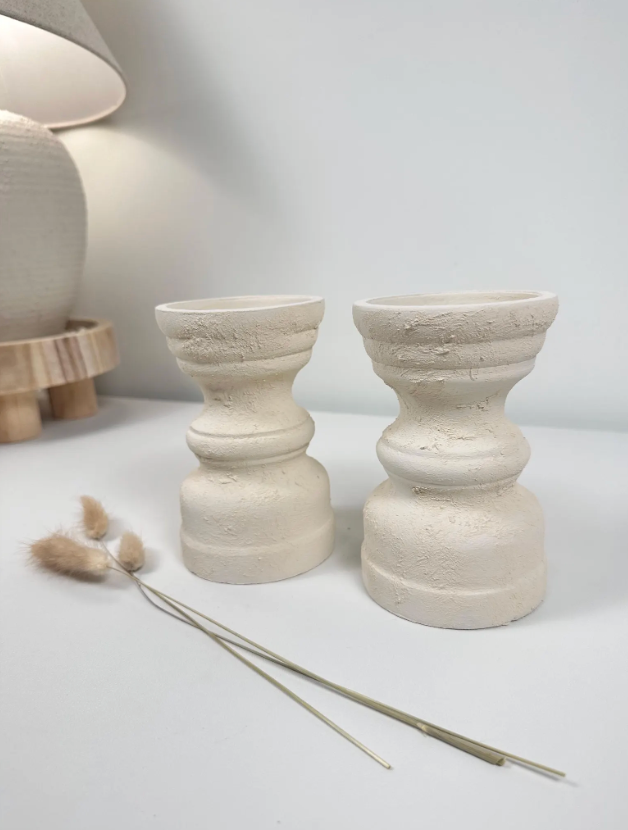Set of 2 Candle Holders Minimalist Style Hand-Painted and Textured Wood 6" tall each