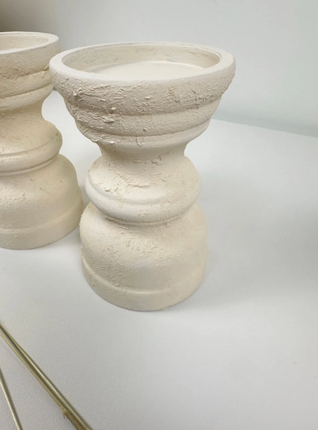 Set of 2 Candle Holders Minimalist Style Hand-Painted and Textured Wood 6" tall each