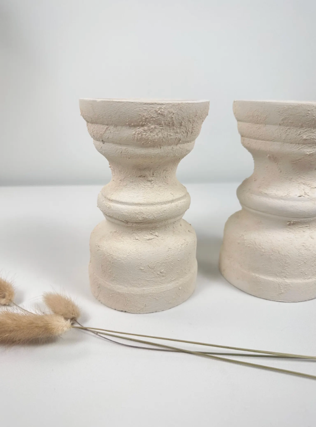 Set of 2 Candle Holders Minimalist Style Hand-Painted and Textured Wood 6" tall each