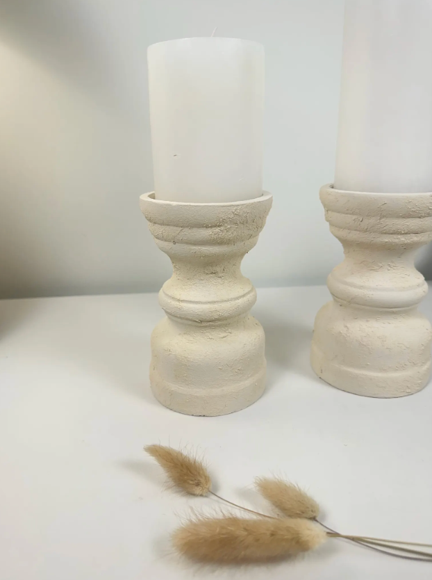 Set of 2 Candle Holders Minimalist Style Hand-Painted and Textured Wood 6" tall each