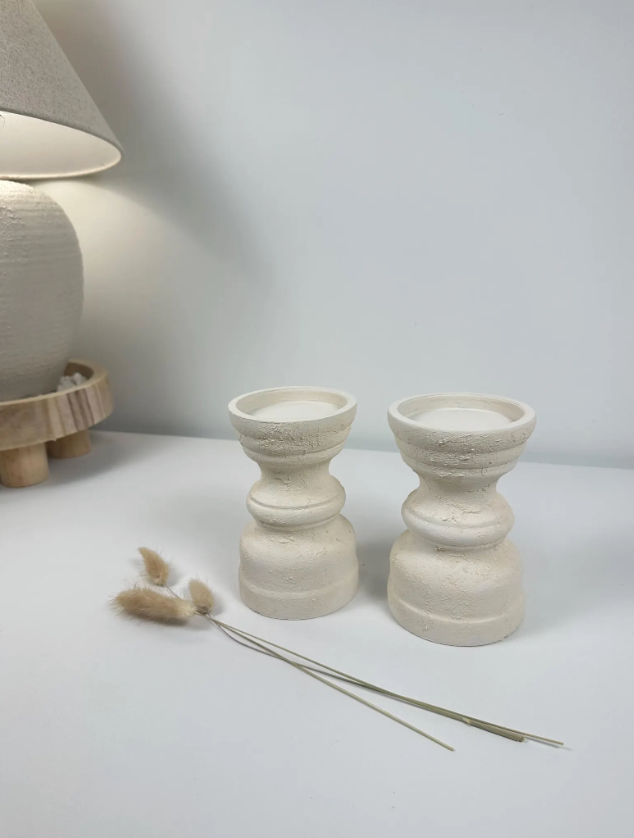 Set of 2 Candle Holders Minimalist Style Hand-Painted and Textured Wood 6" tall each