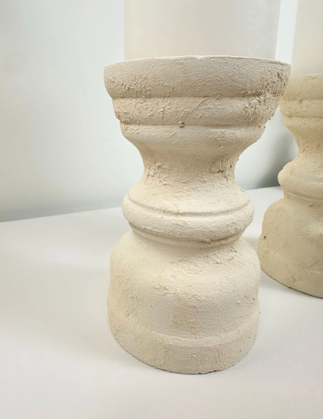 Set of 2 Candle Holders Minimalist Style Hand-Painted and Textured Wood 6" tall each
