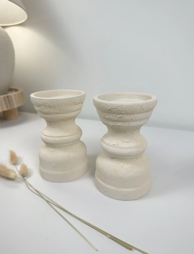 Set of 2 Candle Holders Minimalist Style Hand-Painted and Textured Wood 6" tall each