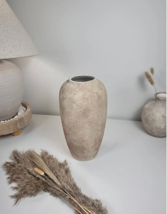 Minimalist Modern Ceramic Vase 12" tall - Hand-Painted light brown beige wash