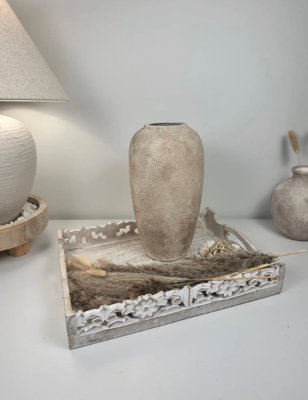 Minimalist Modern Ceramic Vase 12" tall - Hand-Painted light brown beige wash
