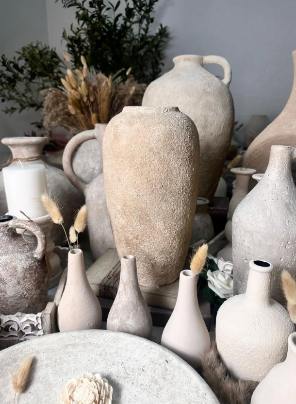 Minimalist Modern Ceramic Vase 12" tall - Hand-Painted light brown beige wash