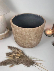Rustic Hand-Painted & Textured Planter 12" tall with drainage hole one time creation - Brown washed