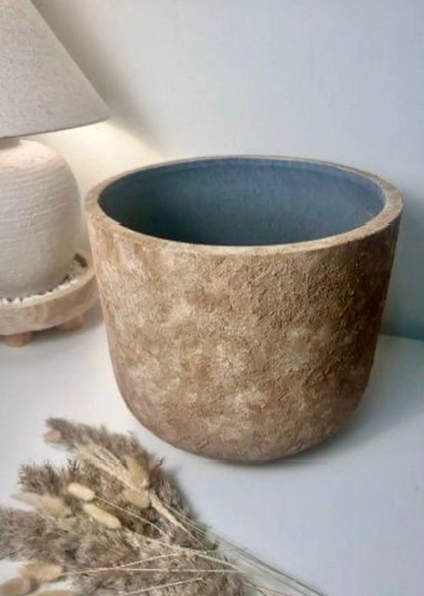 Rustic Hand-Painted & Textured Planter 12" tall with drainage hole one time creation - Brown washed