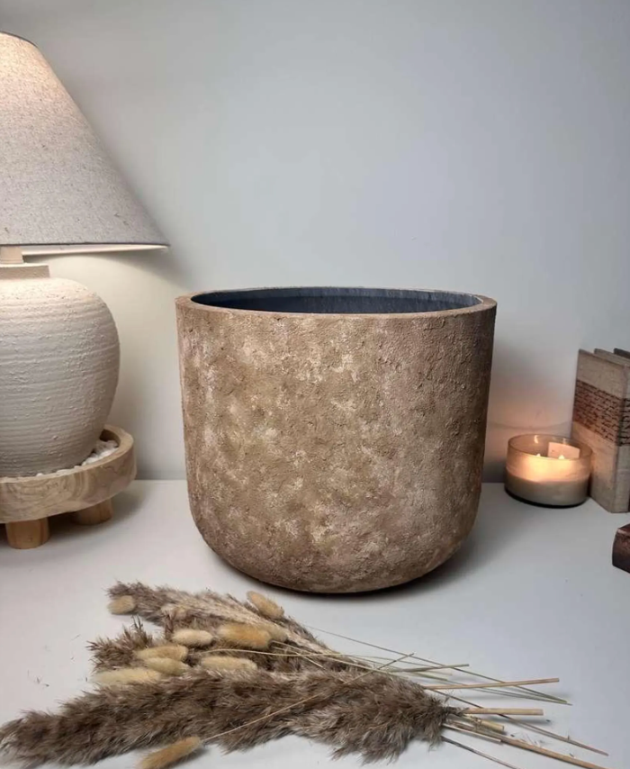 Rustic Hand-Painted & Textured Planter 12" tall with drainage hole one time creation - Brown washed