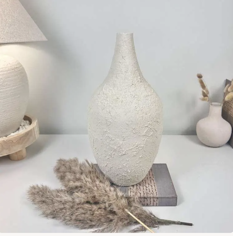 Minimalist Hand-Painted and Textured Vase 14" tall - White Cream