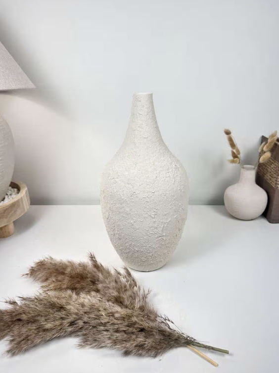 Minimalist Hand-Painted and Textured Vase 14" tall - White Cream
