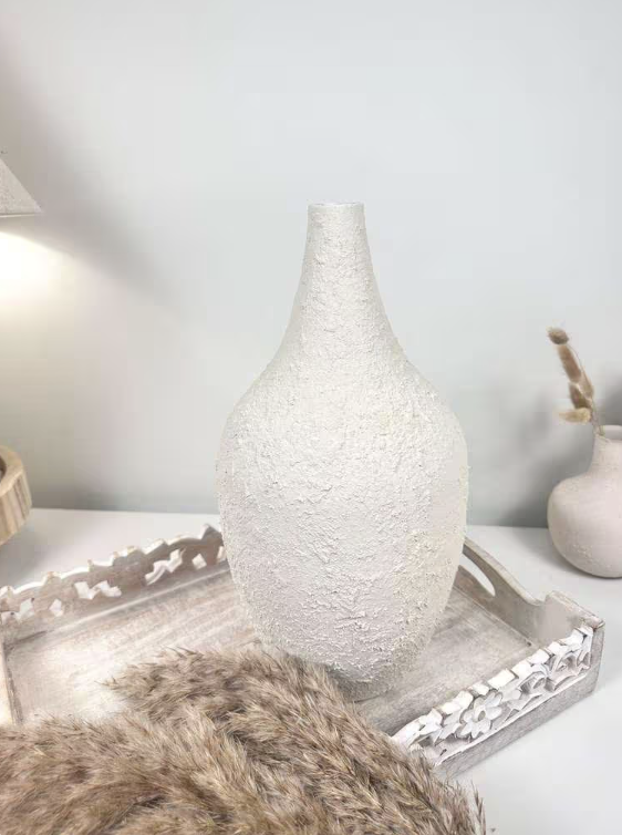 Minimalist Hand-Painted and Textured Vase 14" tall - White Cream