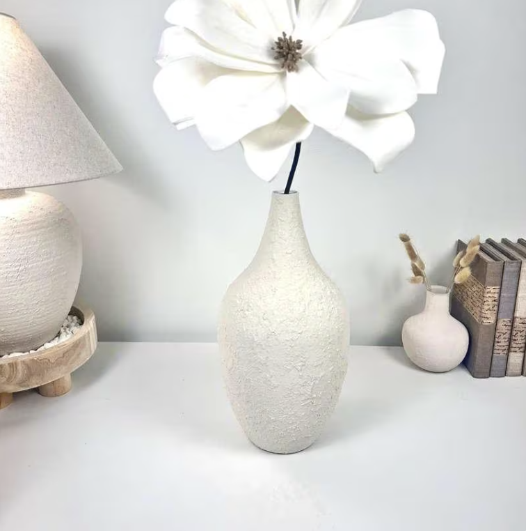 Minimalist Hand-Painted and Textured Vase 14" tall - White Cream