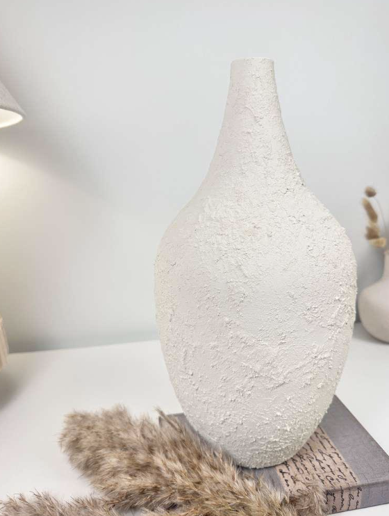 Minimalist Hand-Painted and Textured Vase 14" tall - White Cream