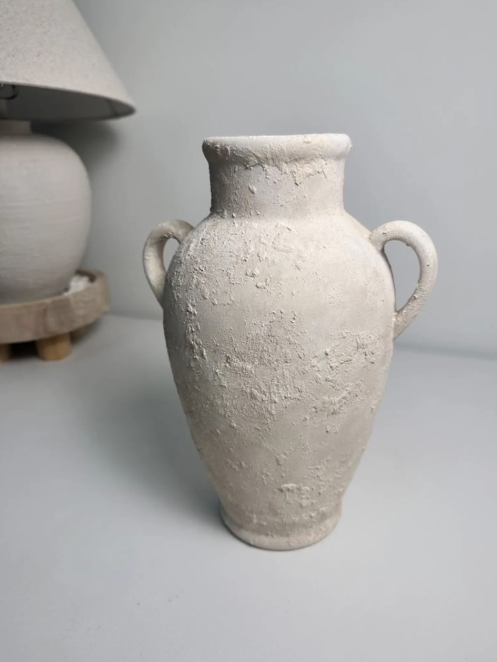 Minimalist Textured Hand-painted Ceramic Vase 12" tall - cream sand/off-white