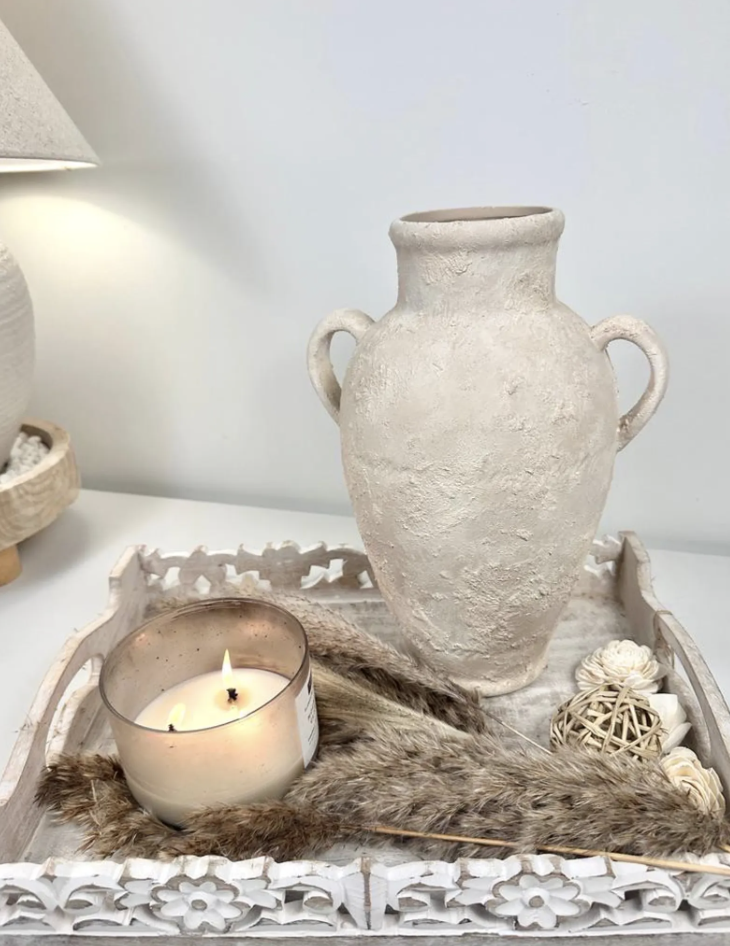 Minimalist Textured Hand-painted Ceramic Vase 12" tall - cream sand/off-white