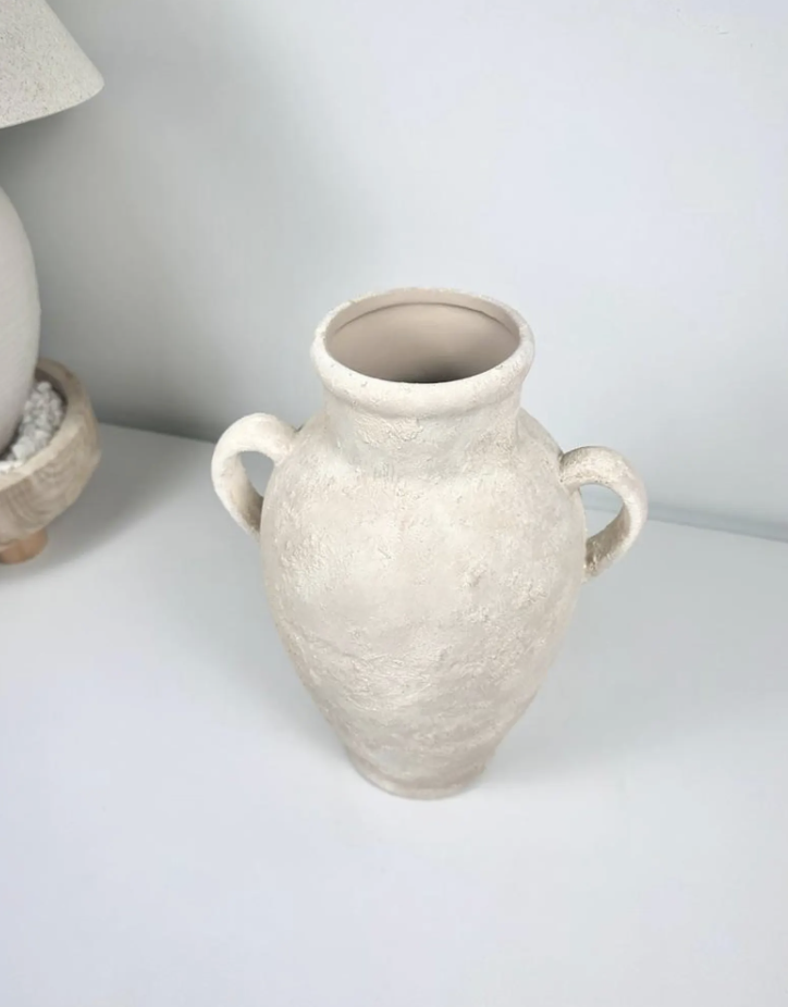 Minimalist Textured Hand-painted Ceramic Vase 12" tall - cream sand/off-white