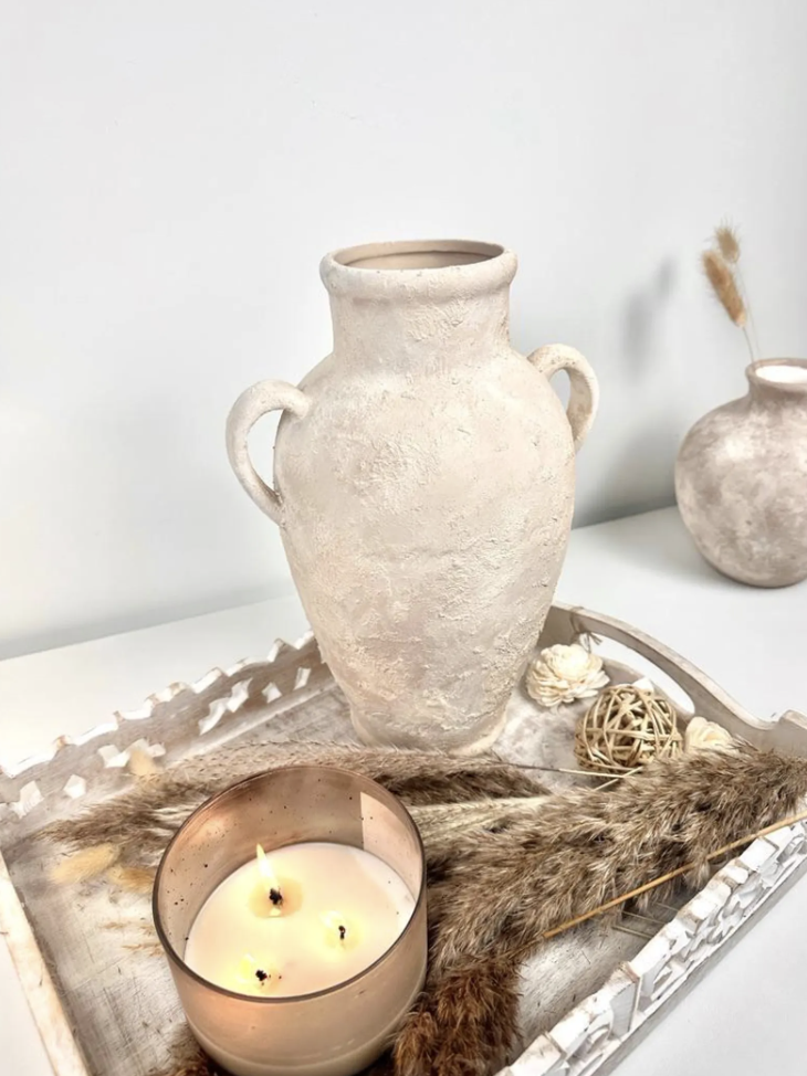 Minimalist Textured Hand-painted Ceramic Vase 12" tall - cream sand/off-white