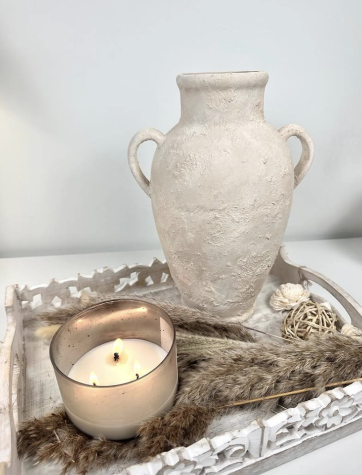 Minimalist Textured Hand-painted Ceramic Vase 12" tall - cream sand/off-white