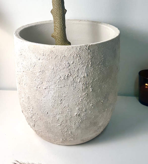 13.5" Minimalist Hand-Painted & Textured Planter Pot with Drainage Hole one time creation - Cream wash