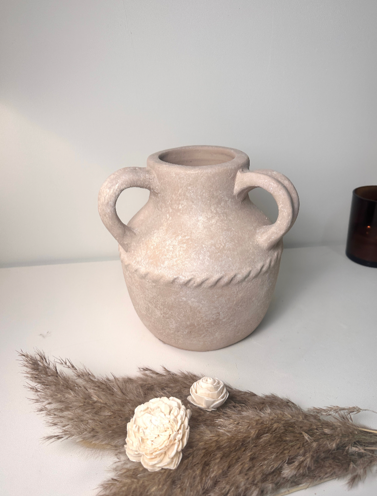 Greco Roman Style Hand-painted Ceramic Decorative Vase 9"  - Light Beige wash