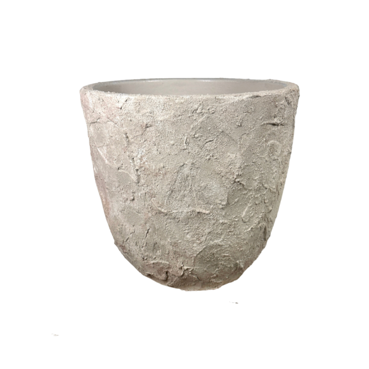 14" Tall Minimalist Hand-Painted & Textured Planter Pot with Drainage Hole - Cream