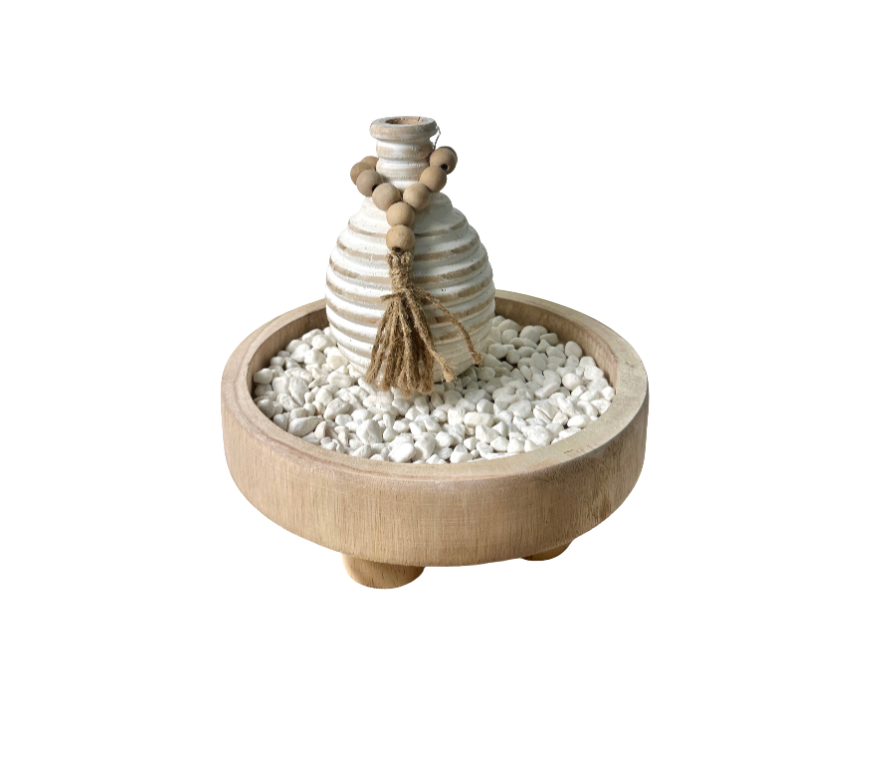 Set of 3 Home Decorative Round Wood Tray, Small Boho Style Vase, White Rocks