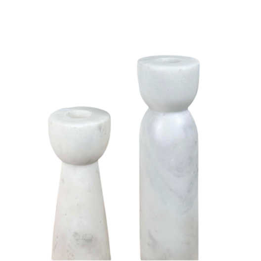 Set of 2 Marble Candle Holders (6x2x2" 8x2x2")  - White