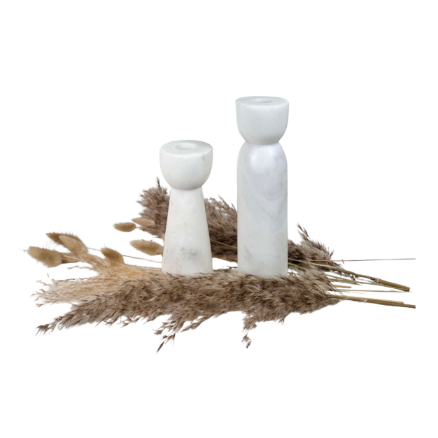 Set of 2 Marble Candle Holders (6x2x2" 8x2x2")  - White