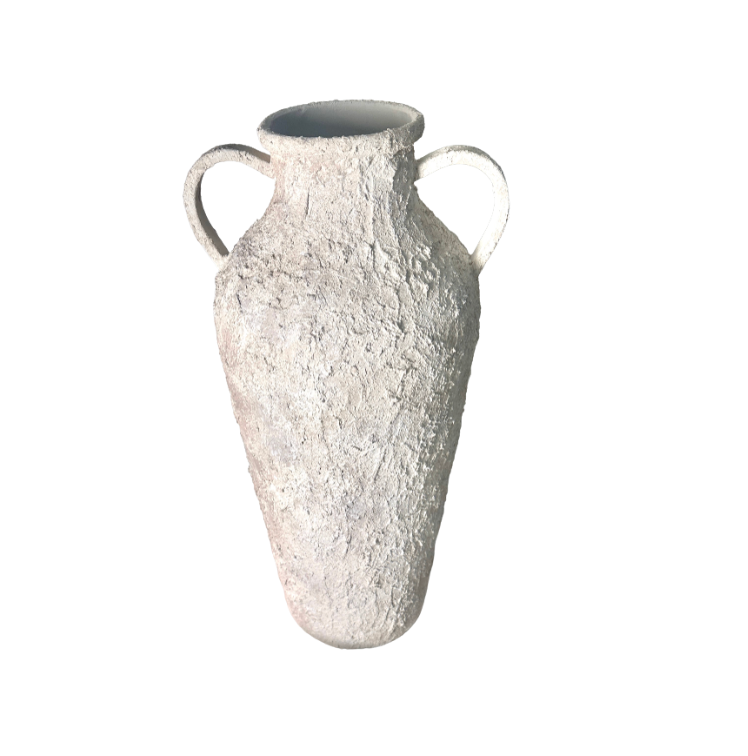 Minimalist Amphora Floor Vase Metal Textured Hand-Painted 22.5" tall - Cream Wash