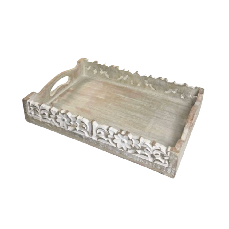 Boho Handmade Decorative Serving Wooden Tray Whitewashed