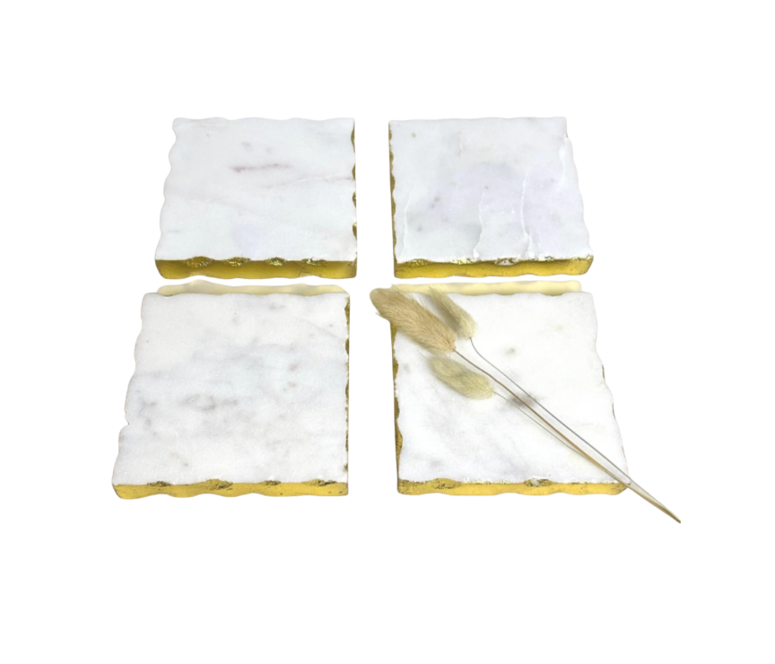 Elegant White Marble and Gold Coasters - Set of 4
