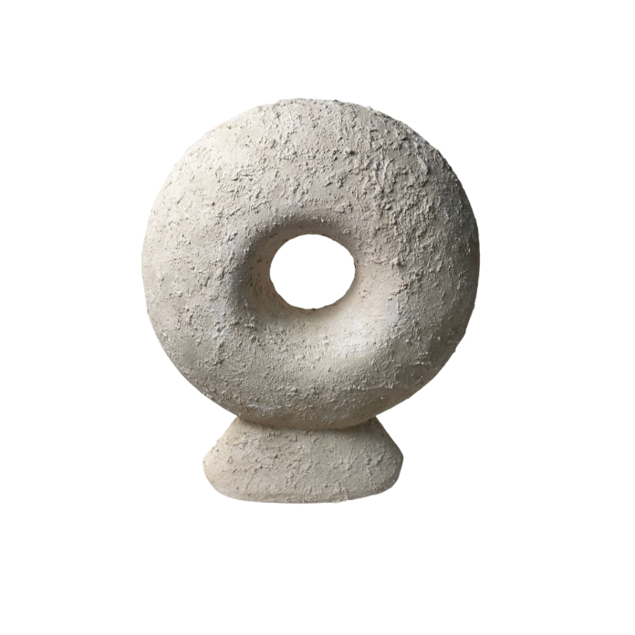 Abstract Minimalist Sculpture Made of Organic Stone, White Donut-Shaped Textured 13" - Cream
