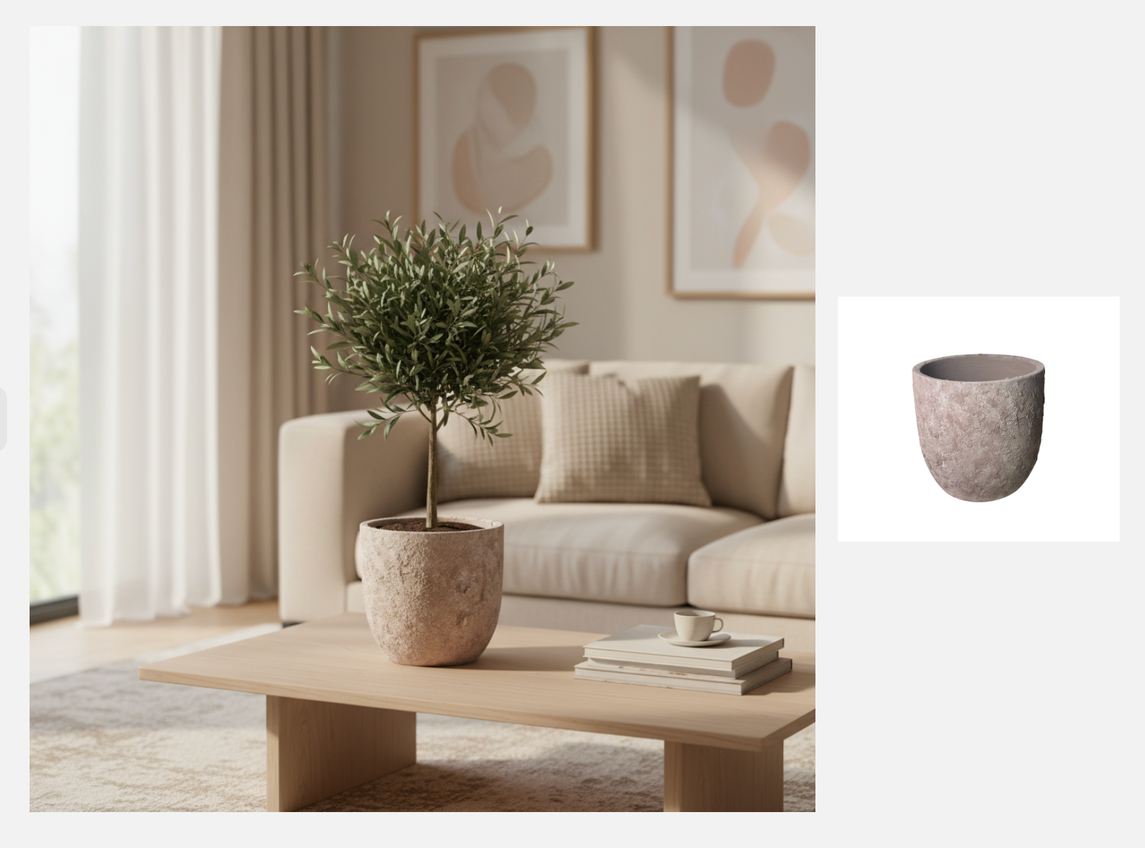 9" tall Minimalist Hand-Painted & Textured Planter Pot with Drainage Hole - Light Coffee Brown