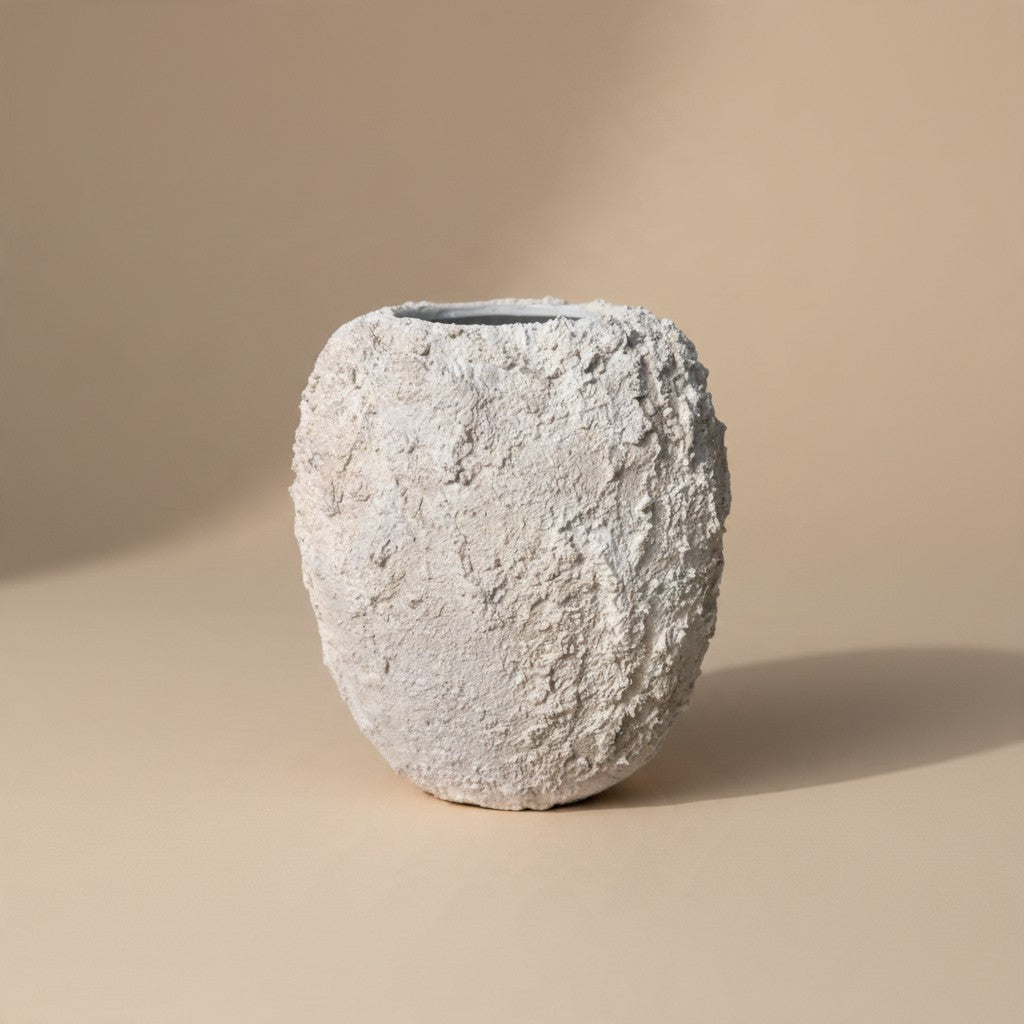 Minimalist Hand-Painted Textured Ceramic Round Vase 7" tall - cream sand wash