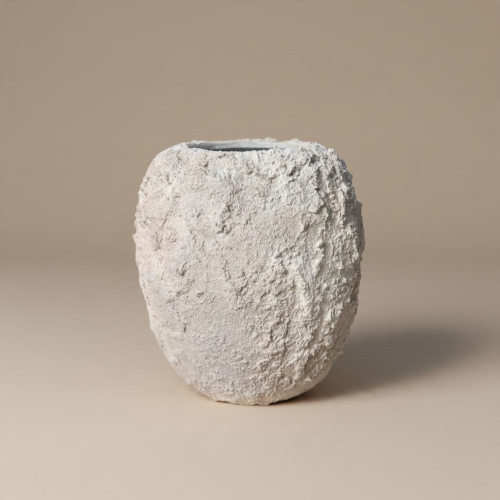 Minimalist Hand-Painted Textured Ceramic Round Vase 7" tall - cream sand wash