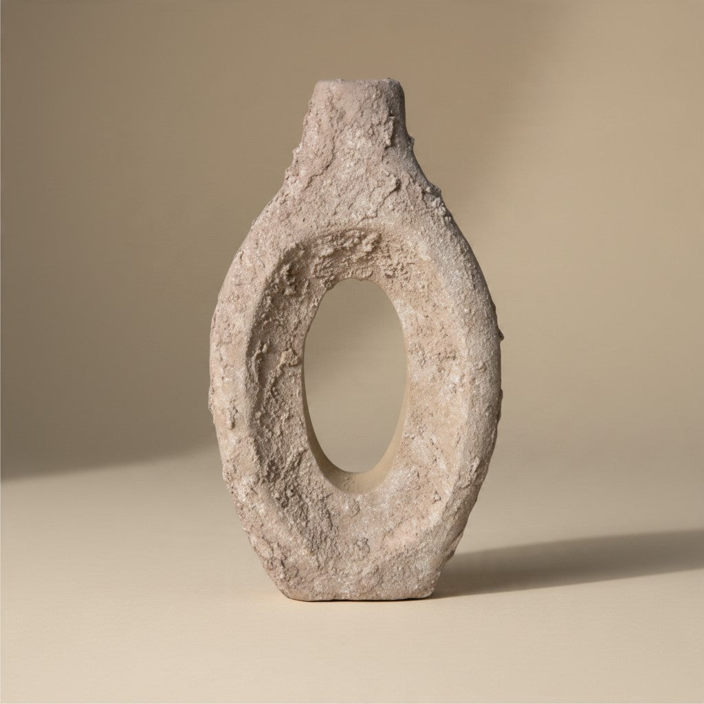 Paulownia Wood Vase Hand-Painted Textured 10.5" - Beige Tan