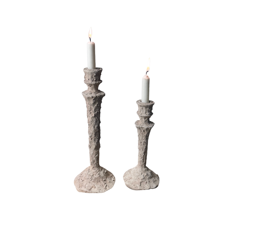 Set of 2 candlestick holders hand-painted and textured minimalist rustic style 12" tall and 10" tall - Beige