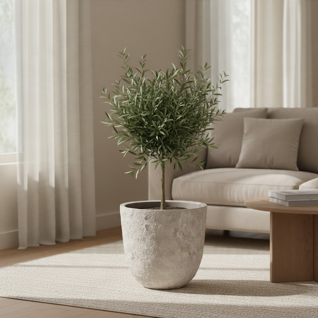 13.5" tall Minimalist Hand-Painted & Textured Planter Pot with Drainage Hole - Soji Beige Wash