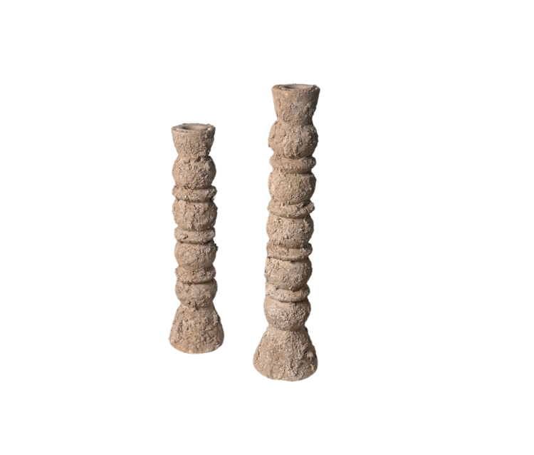 Set of 2 candlestick holders hand-painted and textured minimalist rustic style 12" tall and 10" tall - Tan Beige